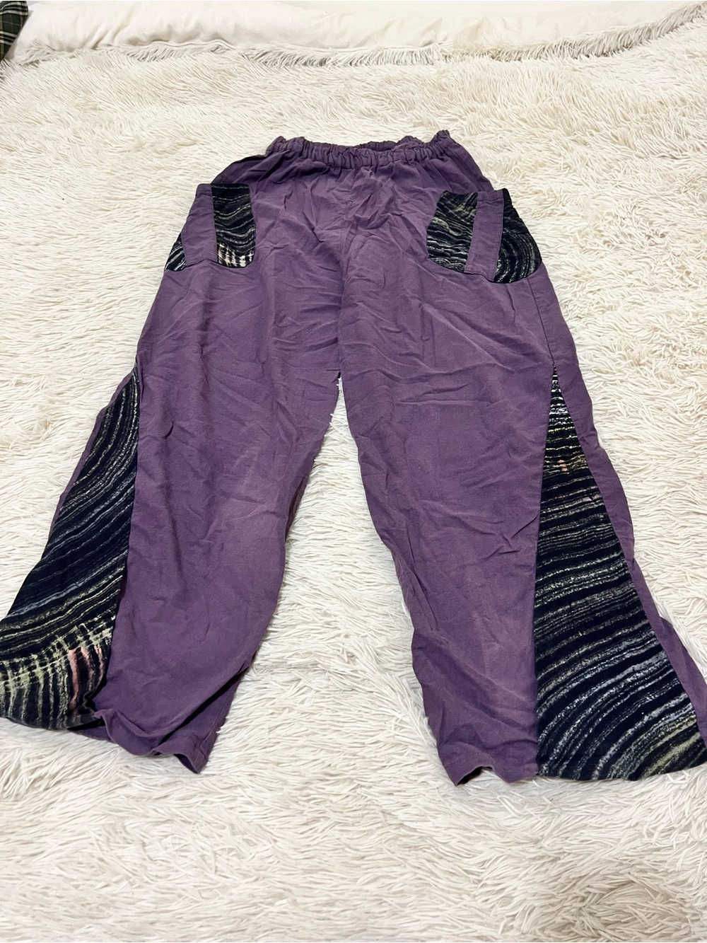 Casual Elastic-Waist Purple Boho Pants with Striped Accent Panels